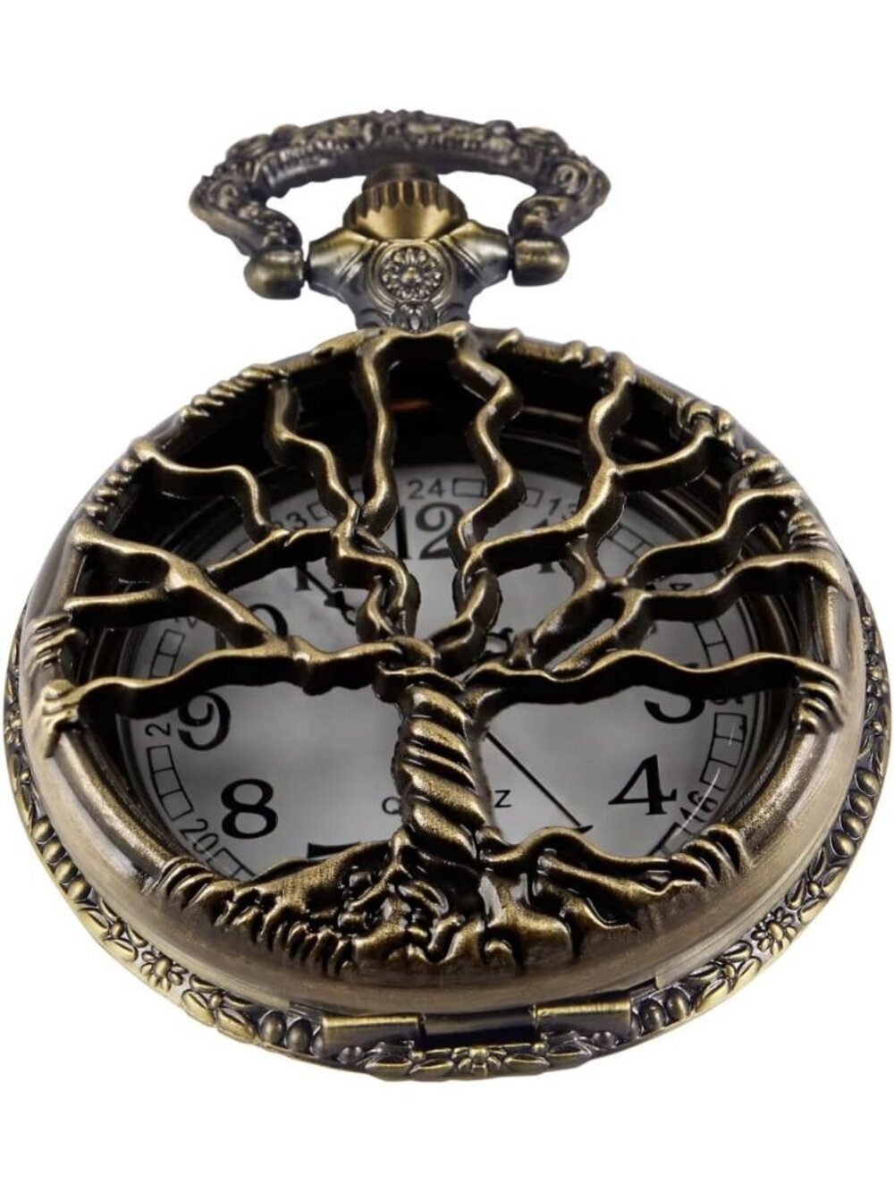 Men's Brown Analog Quartz Tree Shape Pendant Necklace Round Case Pocket Watch